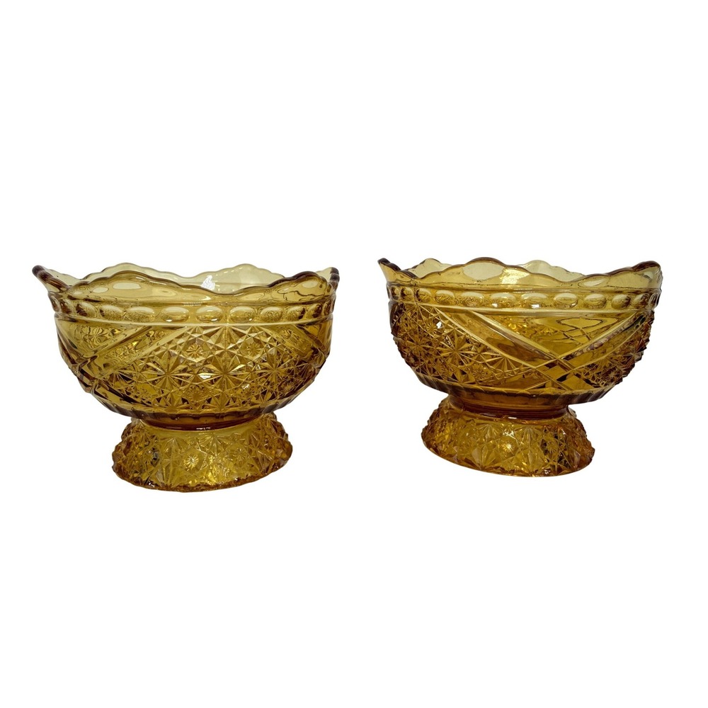 Vintage Amber Pressed Glass Footed Sherbet Bowls Scalloped Edge Set of 2